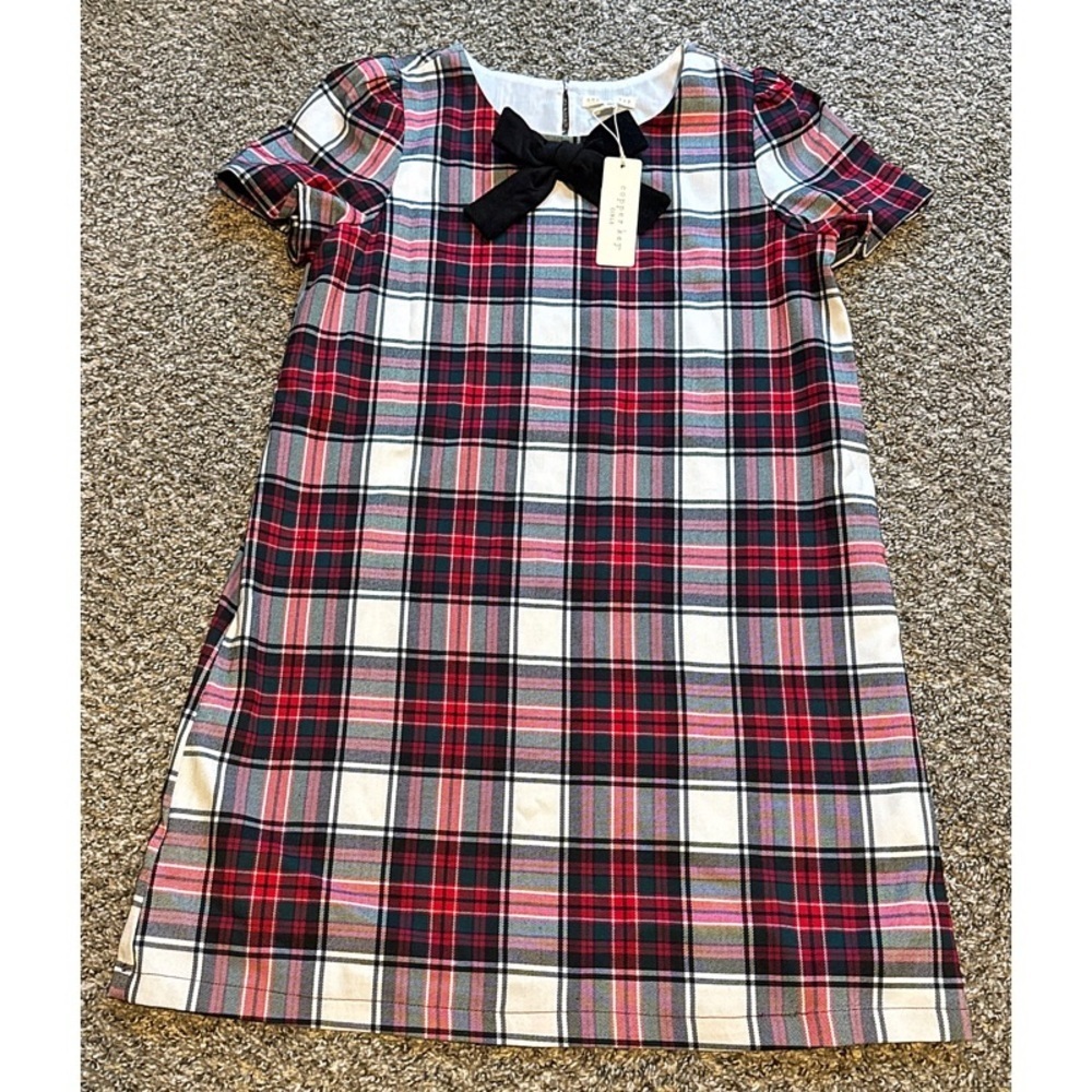 Red Plaid Velvet Bow Shift Dress